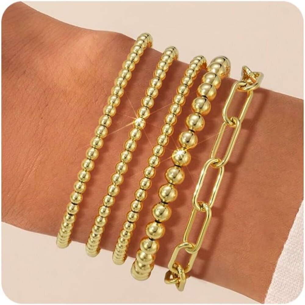Gold Beaded Bracelet Set 14K Gold Plated Stackable Hypoallergenic Jewelry
